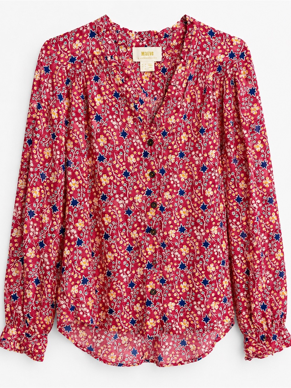 Maeve by Anthropologie Size 2 Red Floral Star Print Ruffle Button-Front Blouse